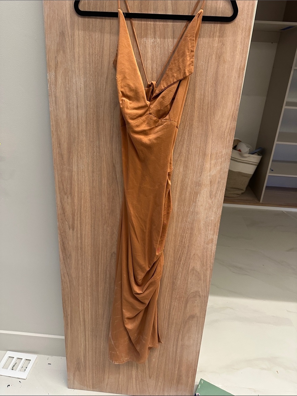 Sleek Rust-Orange Midi Slip Dress with Draped Skirt